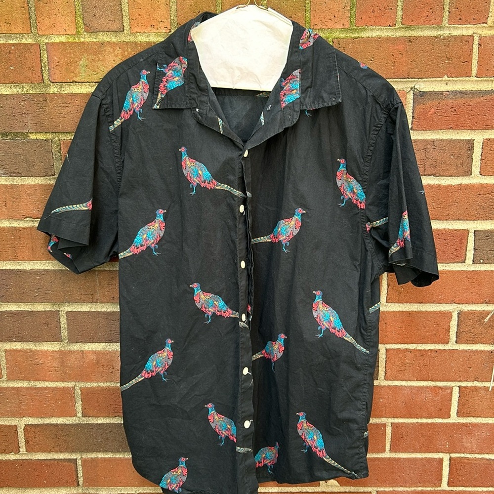 Bonobos standard fit men’s button down, black with peacock pattern